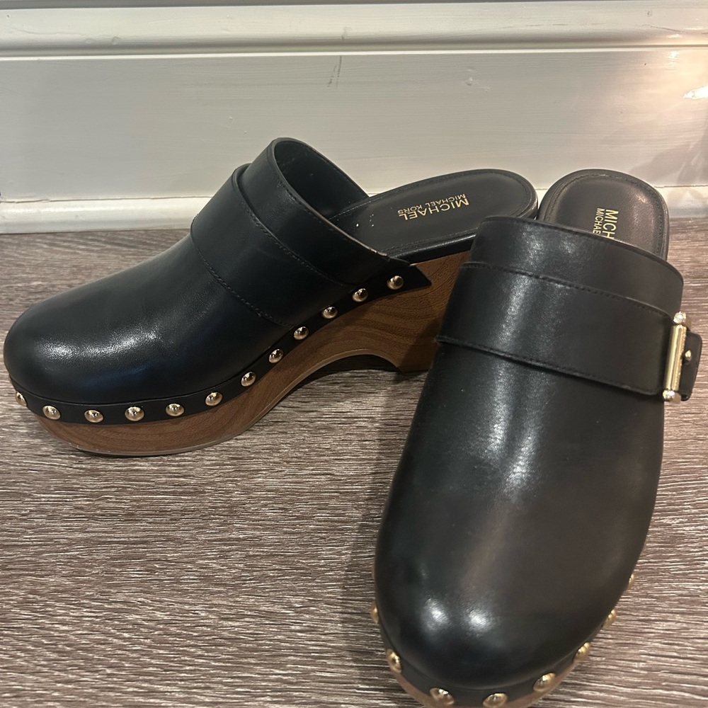 Michael Kors Black Leather Mules with Gold Studs